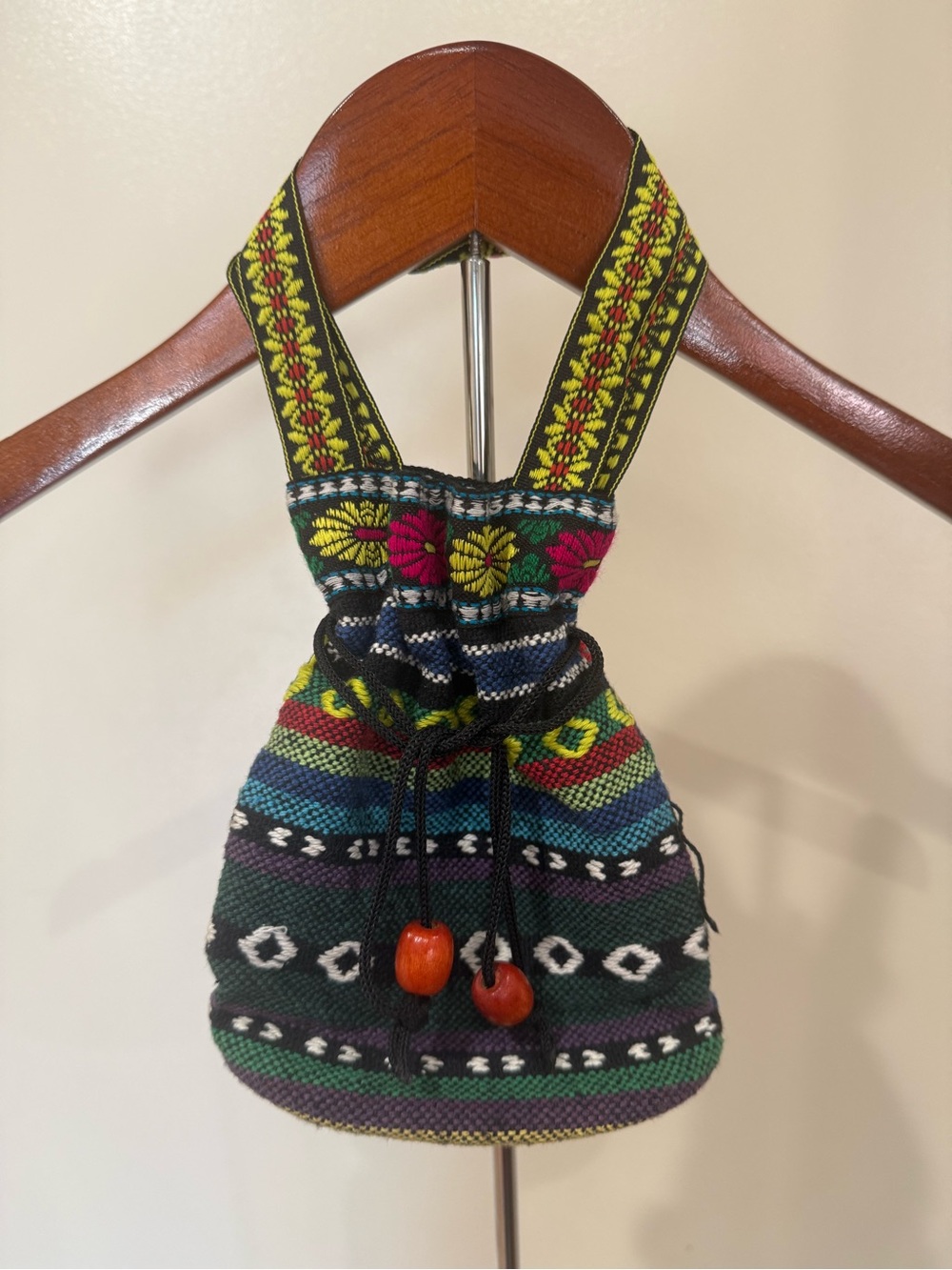 Handwoven Boho Hippie Style Drawstring Bucket Bag in Multicolor Floral Stripe